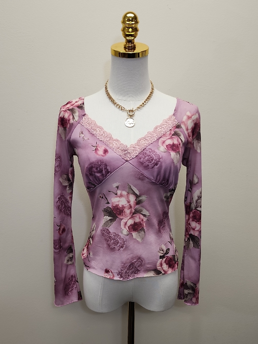 Perception Lavender Floral Lace Trim Long Sleeve Tee Size Small